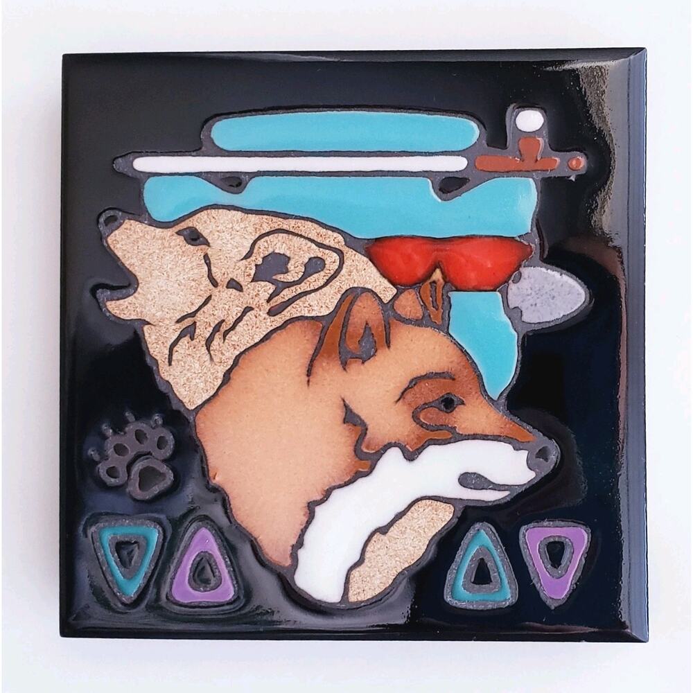 Masterworks Ceramic Native American‎ Tile Art Trivet Handmade USA Wolf 4" X 4"